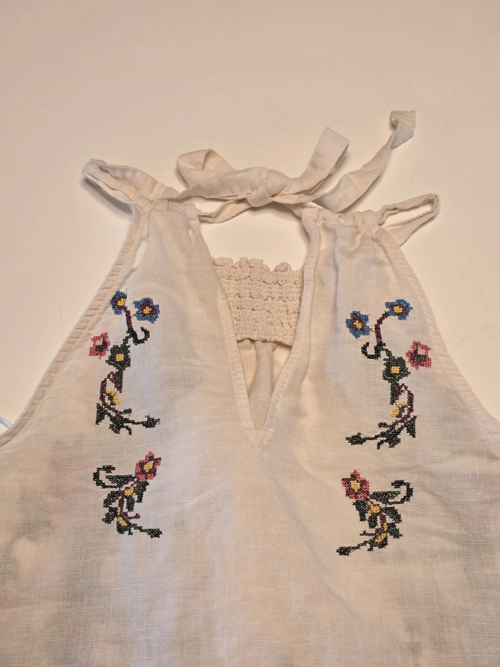 Free People XS Honey Pie Cream Halter Crop Top with Pink Rose Embroidery